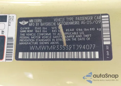 2009 Mini Cooper from USA, damaged, VIN WMWMR33539TJ94077